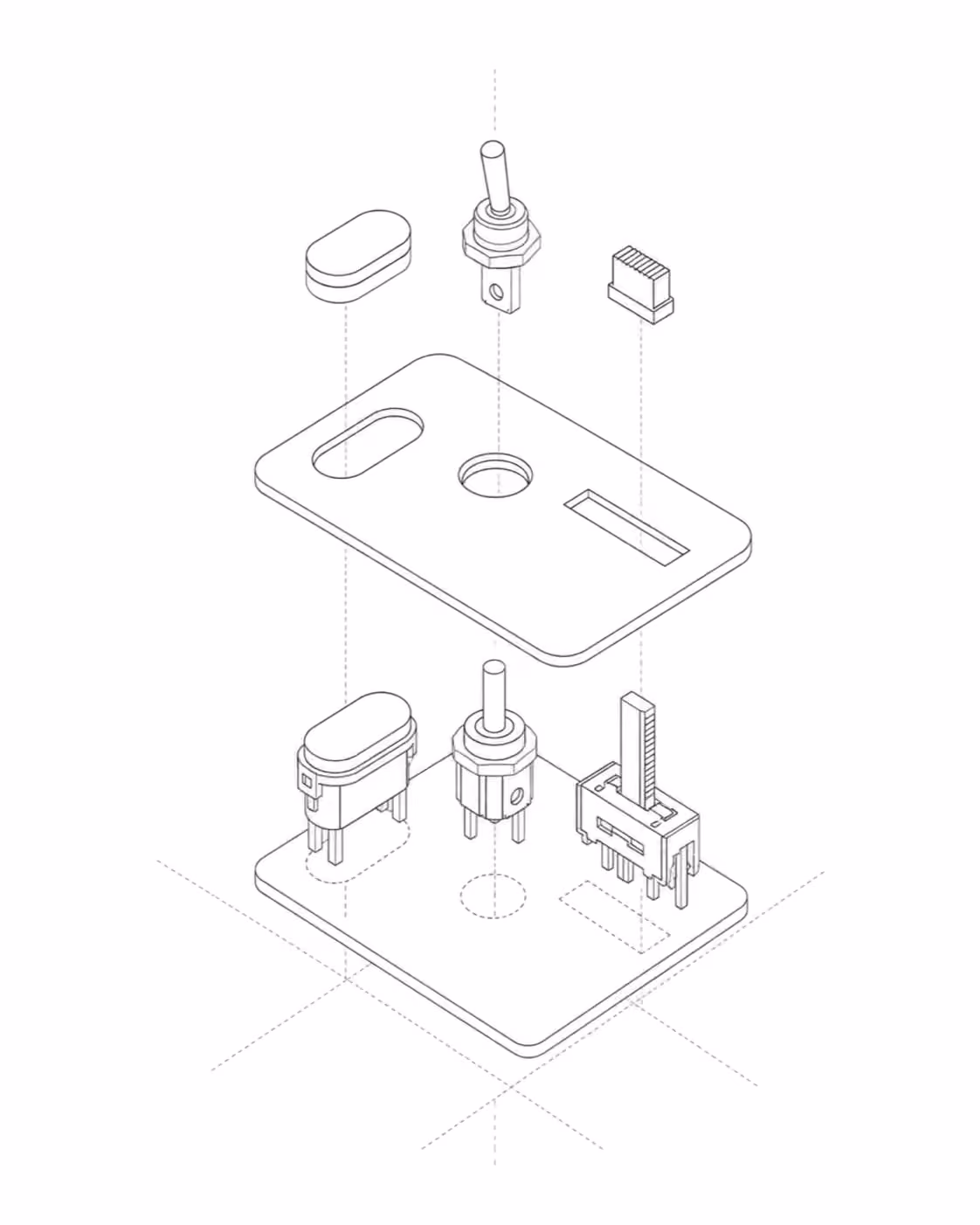 An AI-native design engineering platform drawn in hairline isometric, exploded into its generative surface, its component registry and its production pipeline.