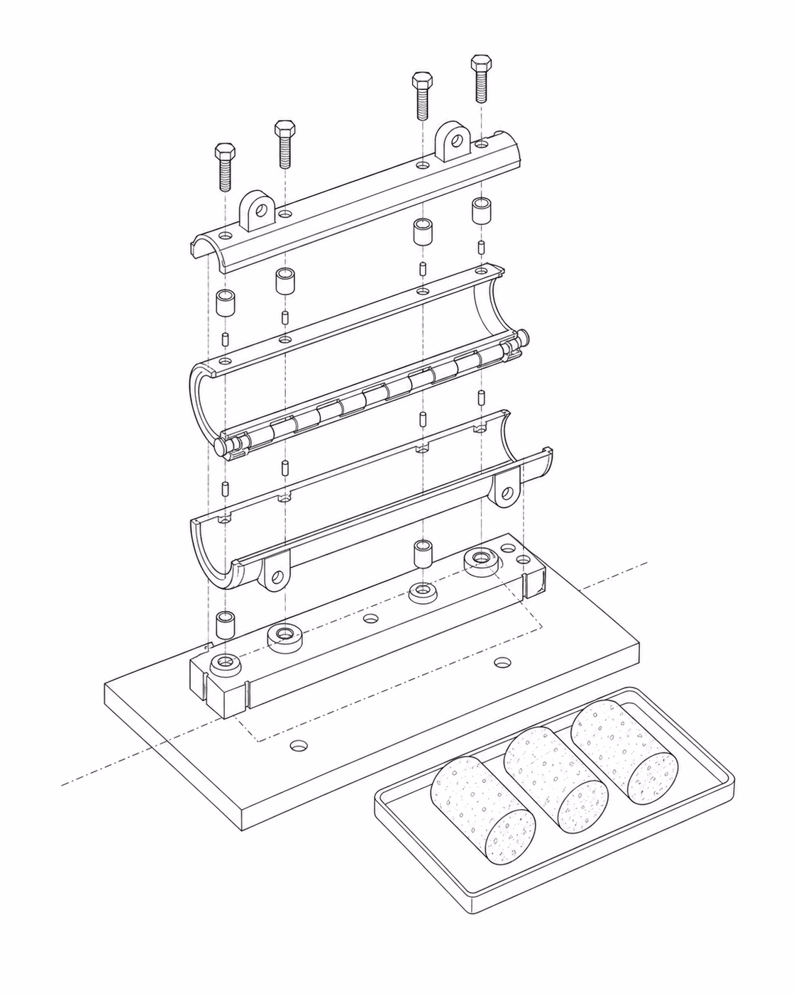 A soil core sampler: its split sample tube opened along its length, the core lifted out in three cut sections resting on a tray.