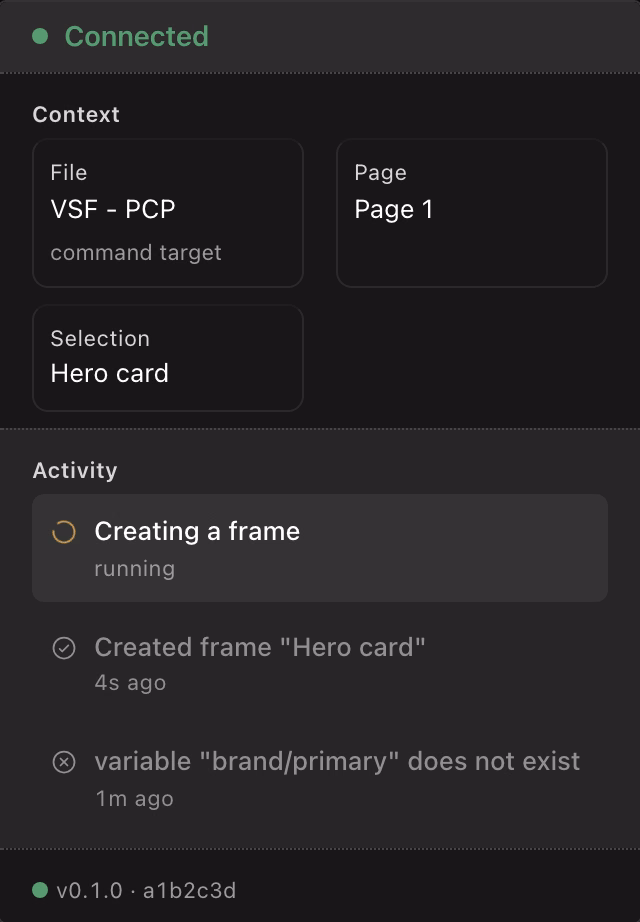 The activity feed narrating a running command: a created frame, a refused variable name, and the footer's build number.
