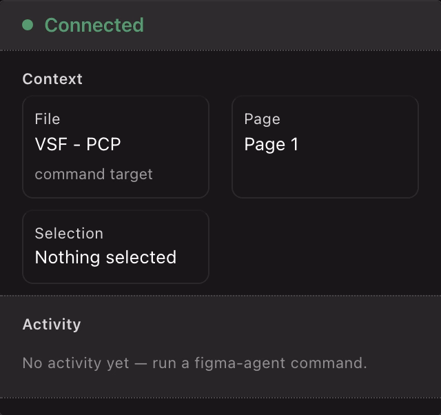 The panel connected to the file: a context card showing the file, page and selection, and an empty activity feed.