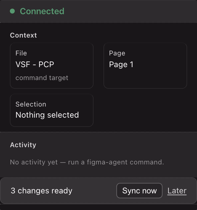 The same panel offering a designer's edits back as one prompt: 3 changes ready, Sync now or Later.