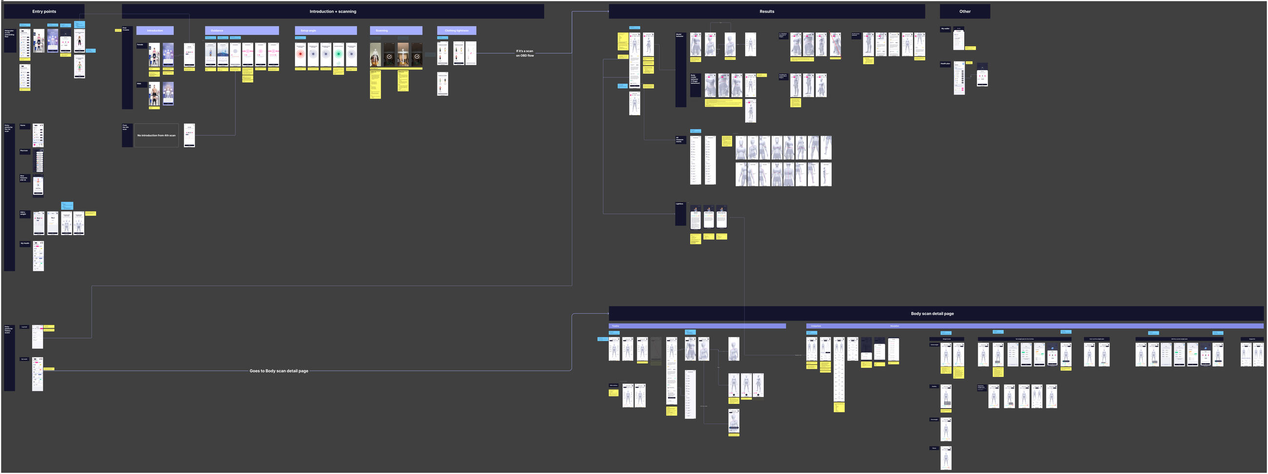 A Program rather than a Core system, and it shows: the board is organised as Entry points, Introduction and scanning, Results, and a Body-scan detail page: four zones instead of one line, because a scan is entered from anywhere and read afterwards.
