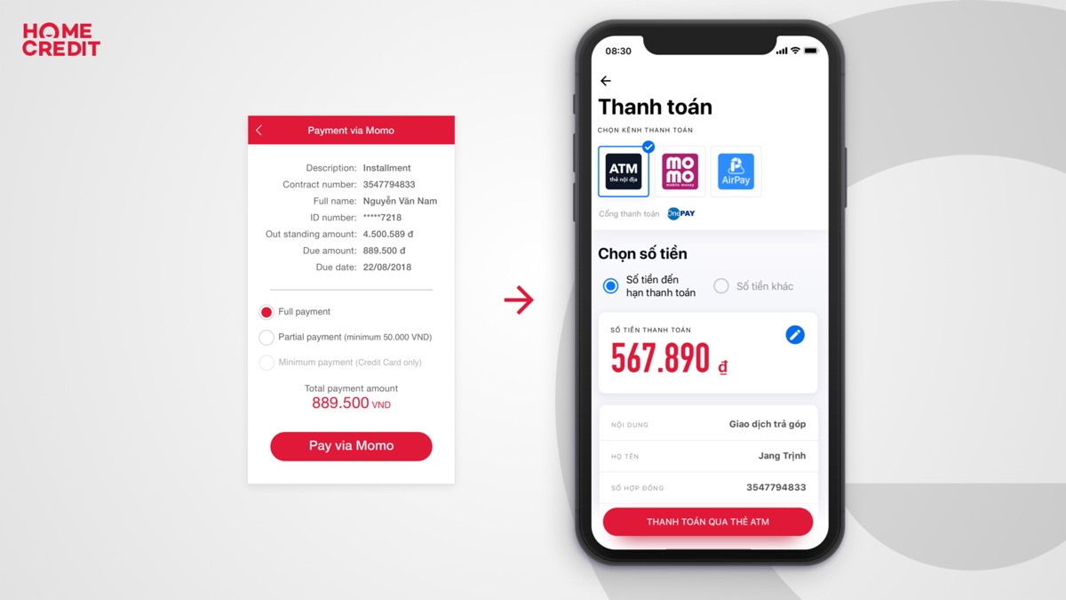 The payment screen, before the redesign, one method only, and after: a choice of ATM card, Momo or AirPay, with the amount editable before confirming.