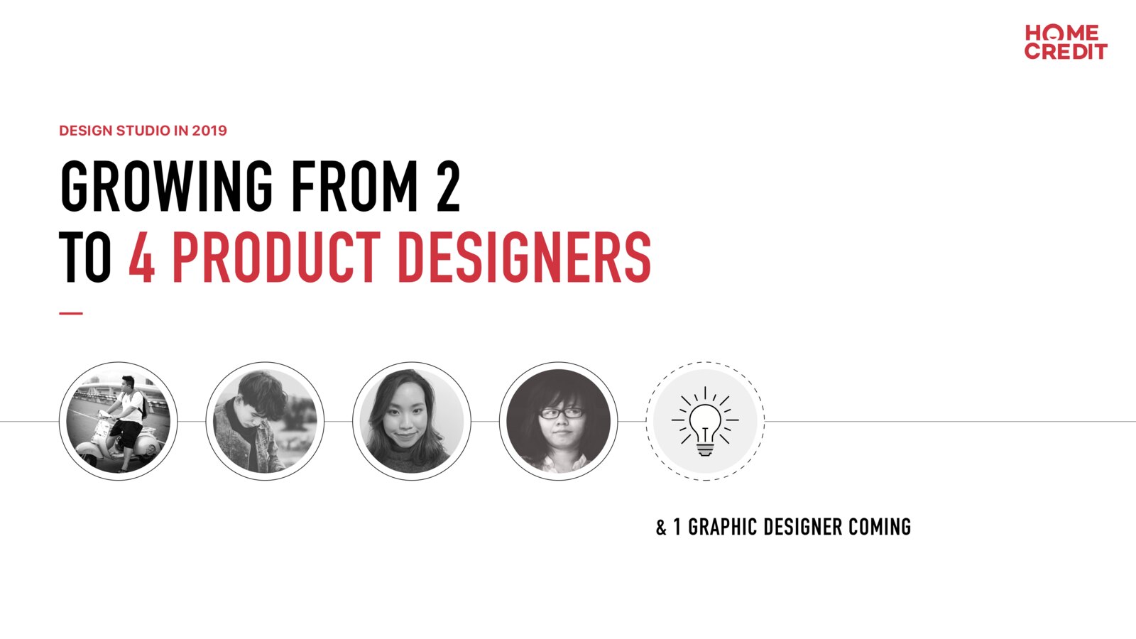 The Design Studio case, made in 2019: two product designers to four, with a graphic designer still to come. The four faces are the team the slide was arguing for.