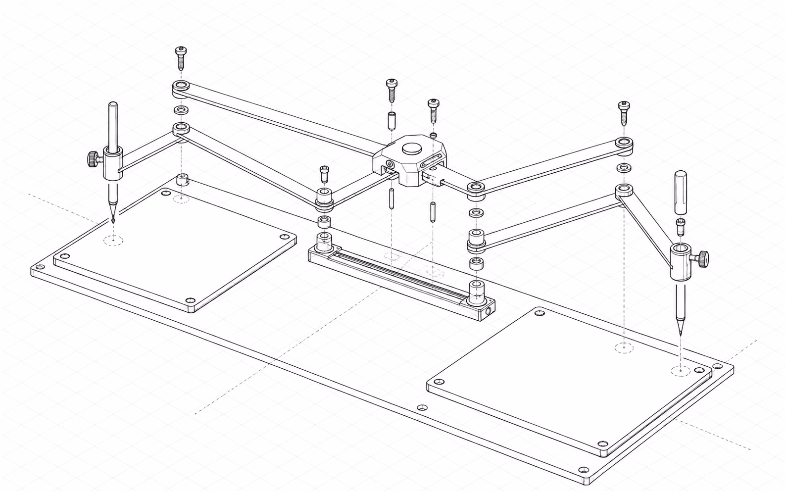 A pantograph linkage in hairline isometric, exploded above two drafting boards it bridges: its parallel-arm frame, tracing stylus, duplicating pen and sliding pivot block lifted apart.