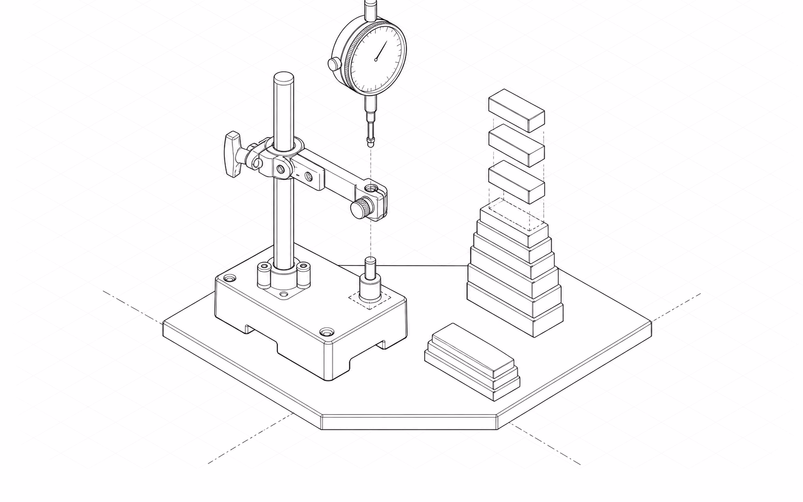 A comparator stand in hairline isometric on a surface plate: a dial indicator on a post over an anvil, with a graded stack of gauge blocks beside it.