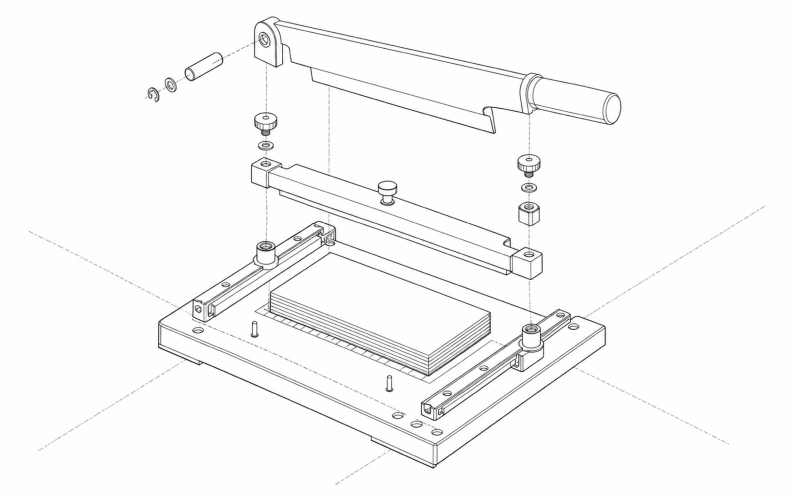 A paper guillotine cutter in hairline isometric on a bench, its blade lowered onto a ream of paper trimmed flush at a marked line.